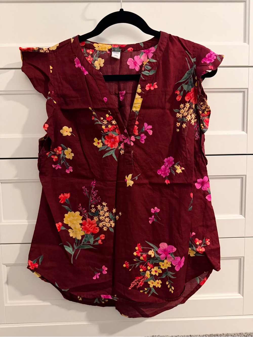 Old Navy Burgundy Floral Split-Neck Blouse